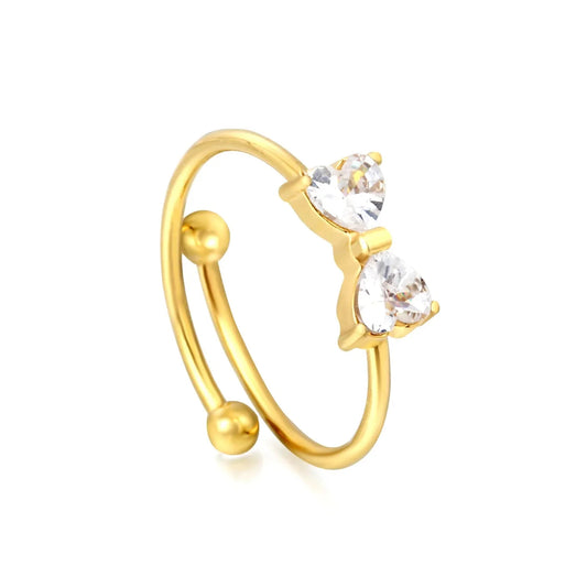 Wholesale Waterproof PVD Gold Double CZ Heart Dainty Open Ring