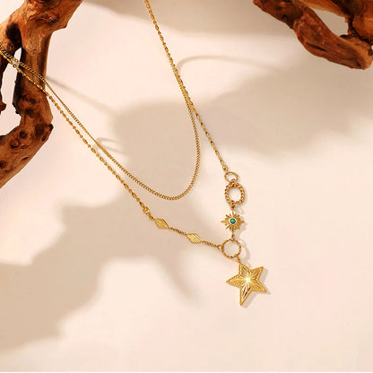 Wholesale Waterproof PVD Gold Emerald Zircon Starburst Layered Necklace