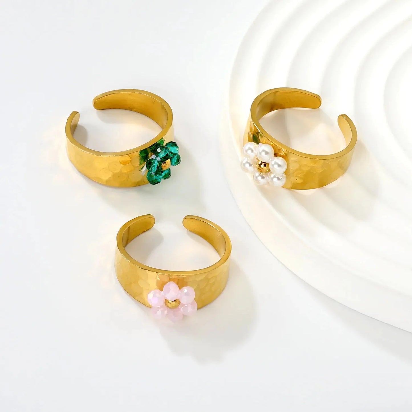 Pearl Crystal Flower Ring Set 304L Stainless Steel Gold Adjustable
