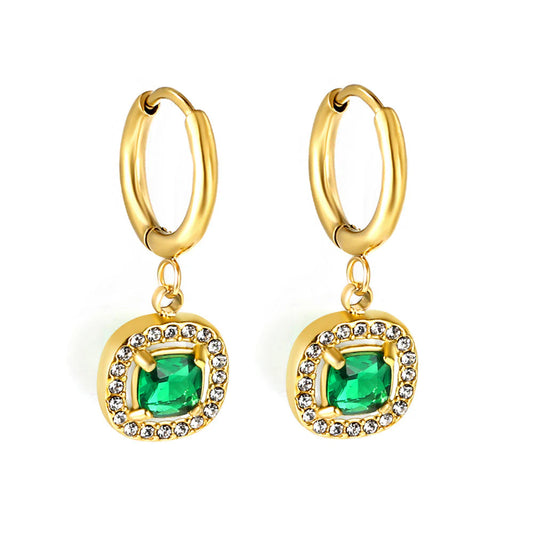 Stainless Steel Earrings | Emerald Cut Green Zircon Hoop