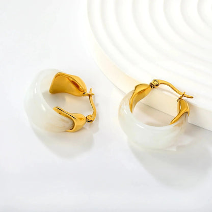 Aesthetic 304L Stainless Steel Wide Hoops | Marble Resin Gold Earrings