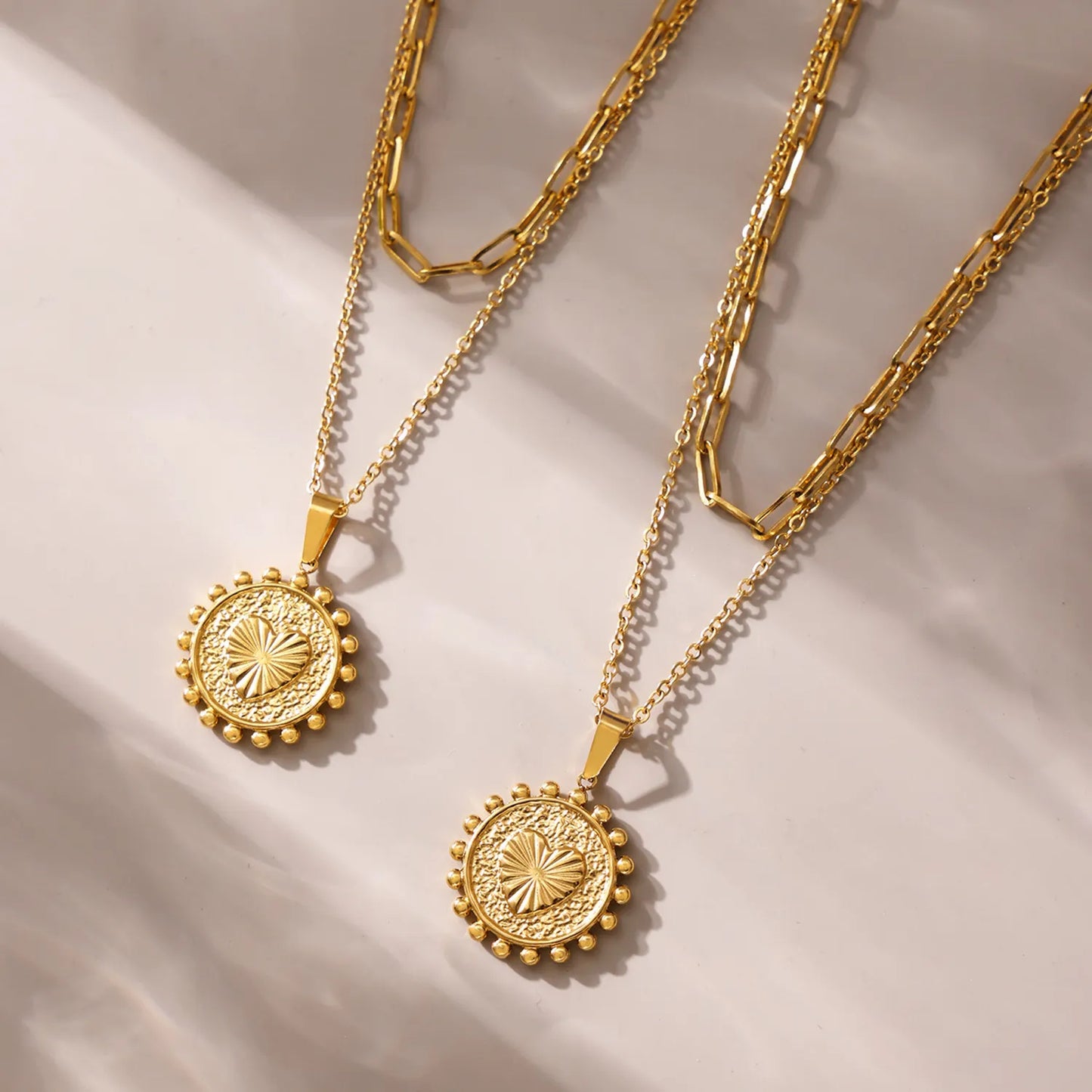 Bulk PVD Gold Relief-Textured Sun Medallion Layered Necklace
