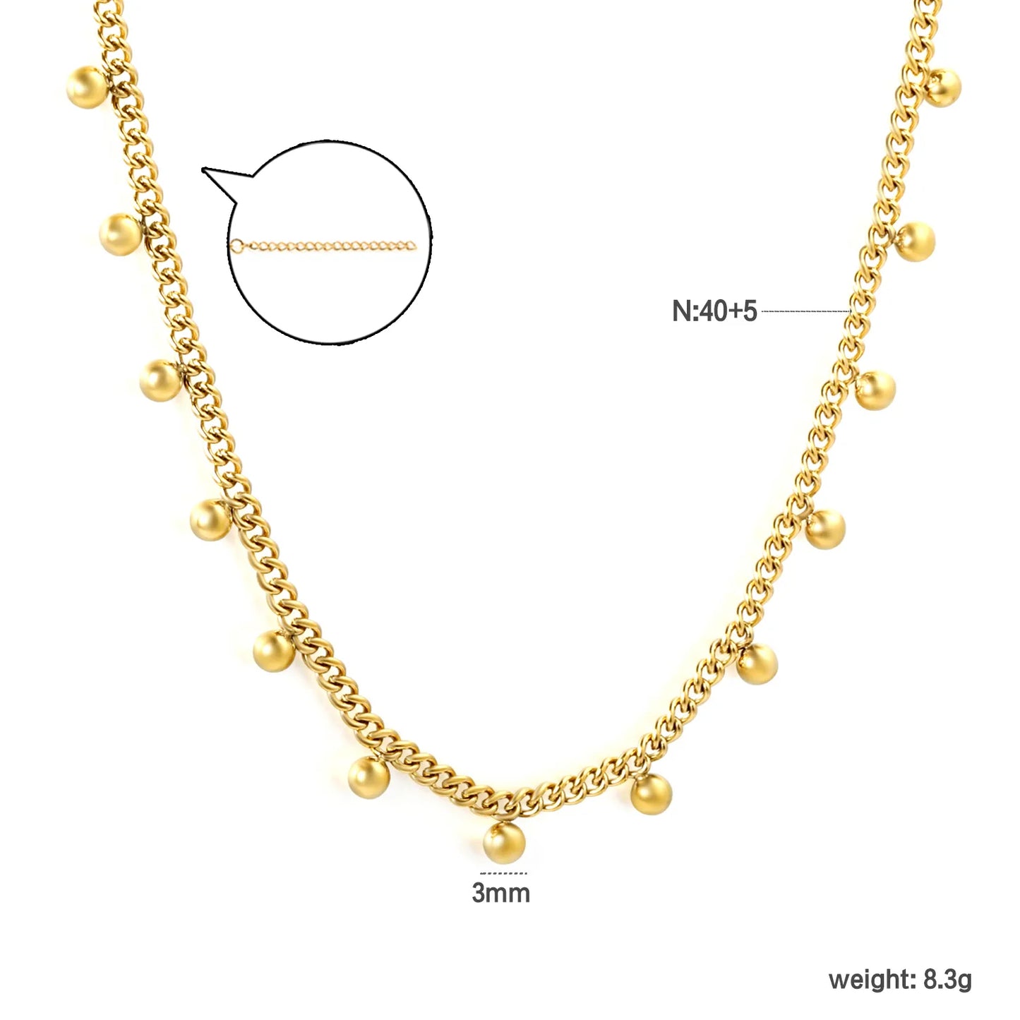 Minimalist Retro Gold Bead Cuban Chain Stainless Steel Tarnish-Free