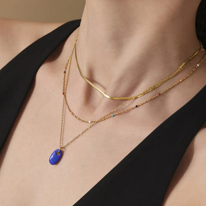 Wholesale Waterproof PVD Gold Sculpted Oval Gemstone Pendant Necklace