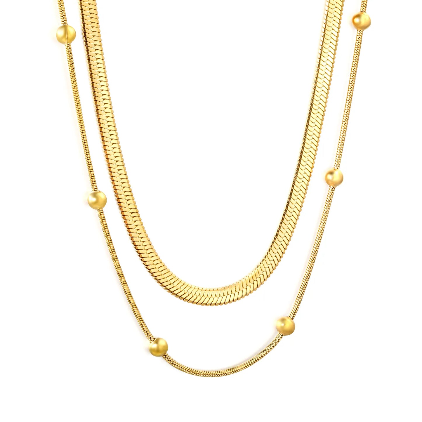Bulk PVD Gold Sculpted Double Layer Bead & Snake Chain Necklace