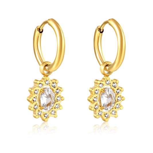 Bulk Stainless Steel Sunflower Earrings | Oval Zircon Halo Hoops