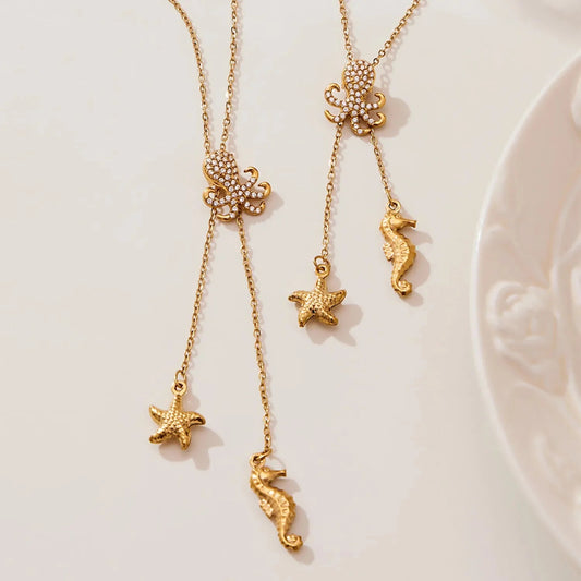 Wholesale Waterproof PVD Gold Sculpted Ocean Octopus & Starfish Y-Necklace