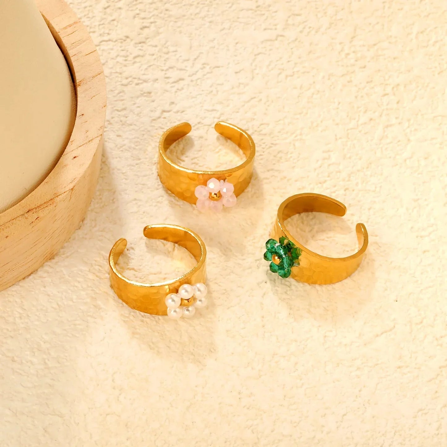 Pearl Crystal Flower Ring Set 304L Stainless Steel Gold Adjustable