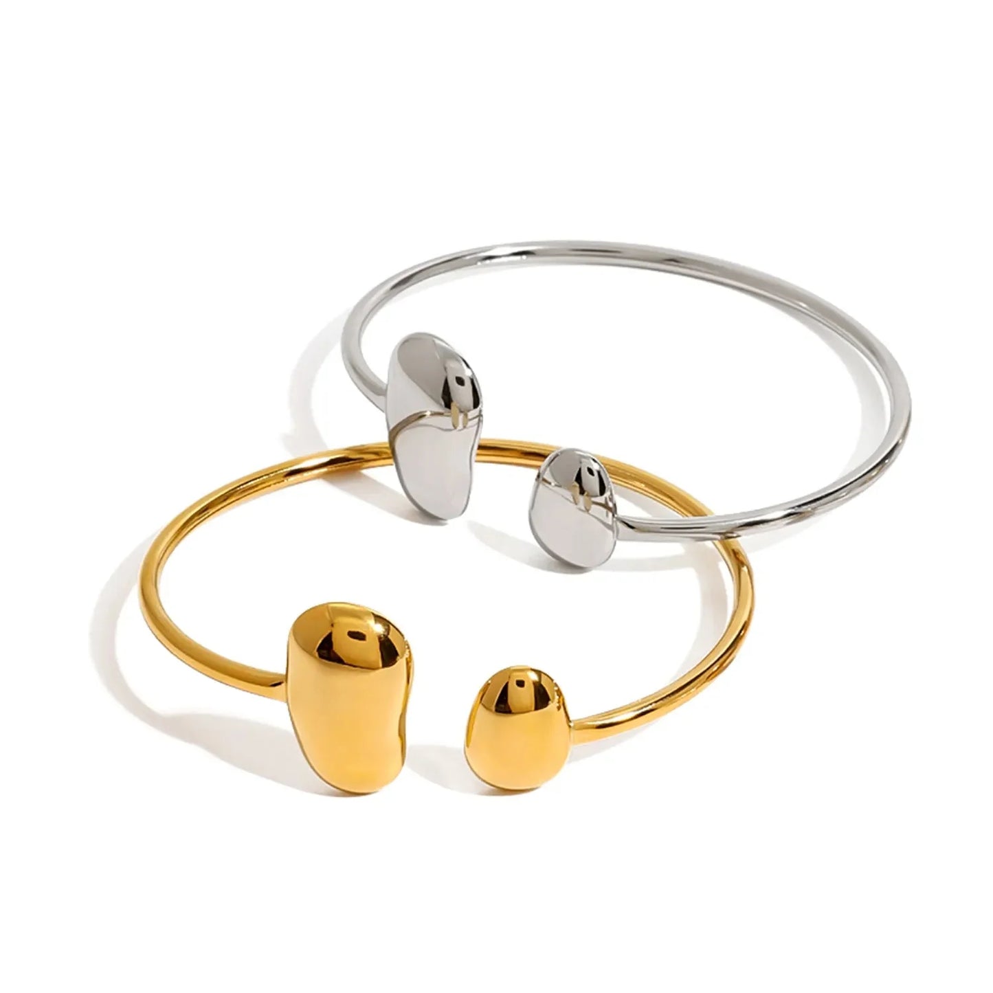 Wholesale Waterproof PVD Gold/Silver Sculpted Asymmetric Dual-Bean Bangle