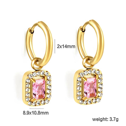 Tarnish-Free 304L Stainless Steel Earrings | Pink Square Halo Hoops