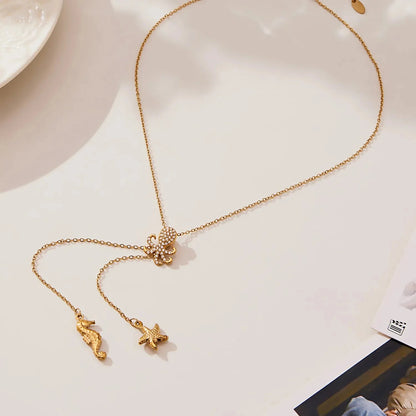 Wholesale Waterproof PVD Gold Sculpted Ocean Octopus & Starfish Y-Necklace