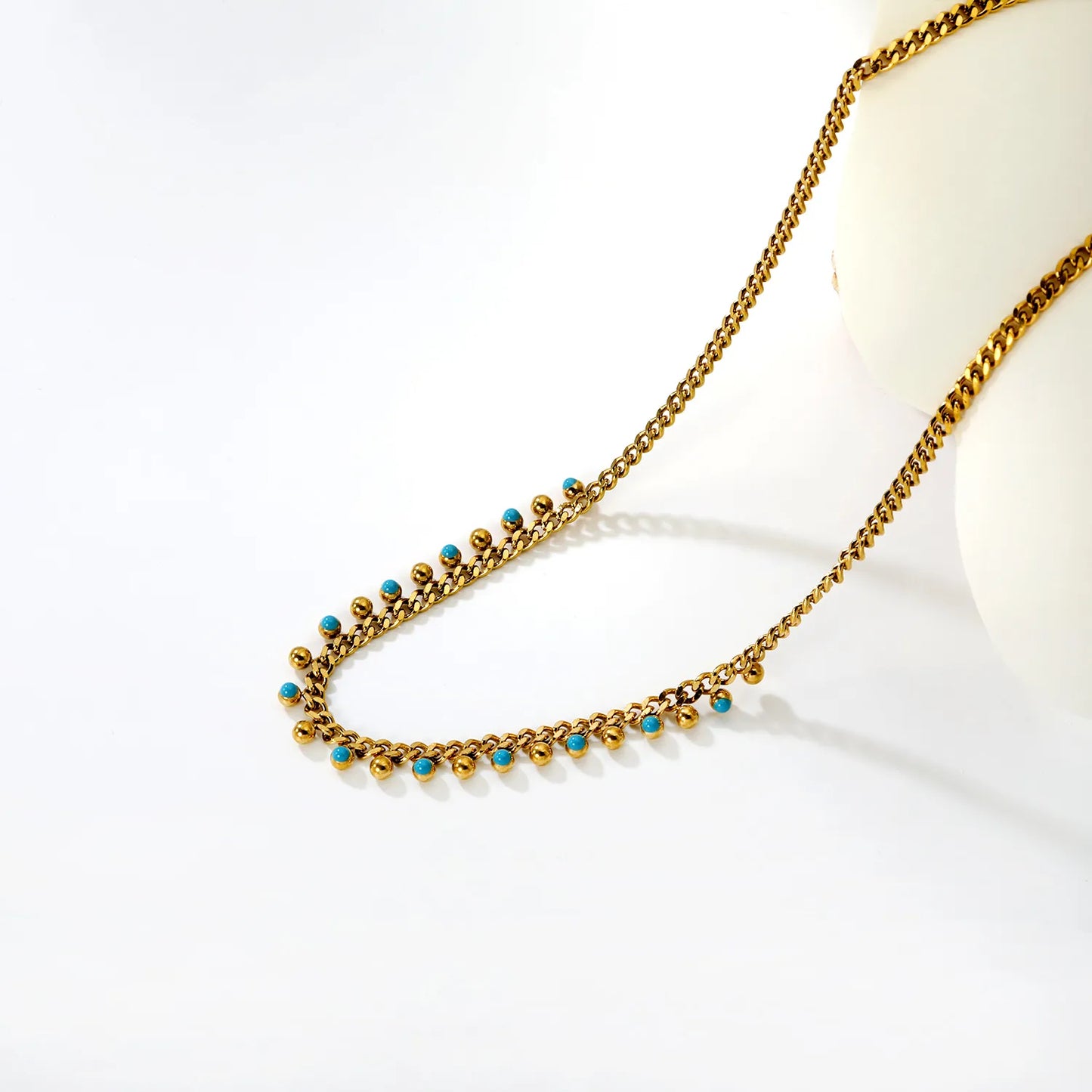 Wholesale Waterproof PVD Gold Sculpted Blue Bead Cuban Link Necklace