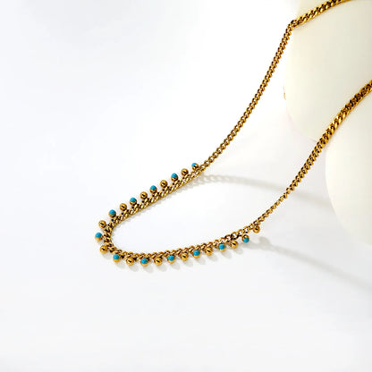 Wholesale Waterproof PVD Gold Sculpted Blue Bead Cuban Link Necklace