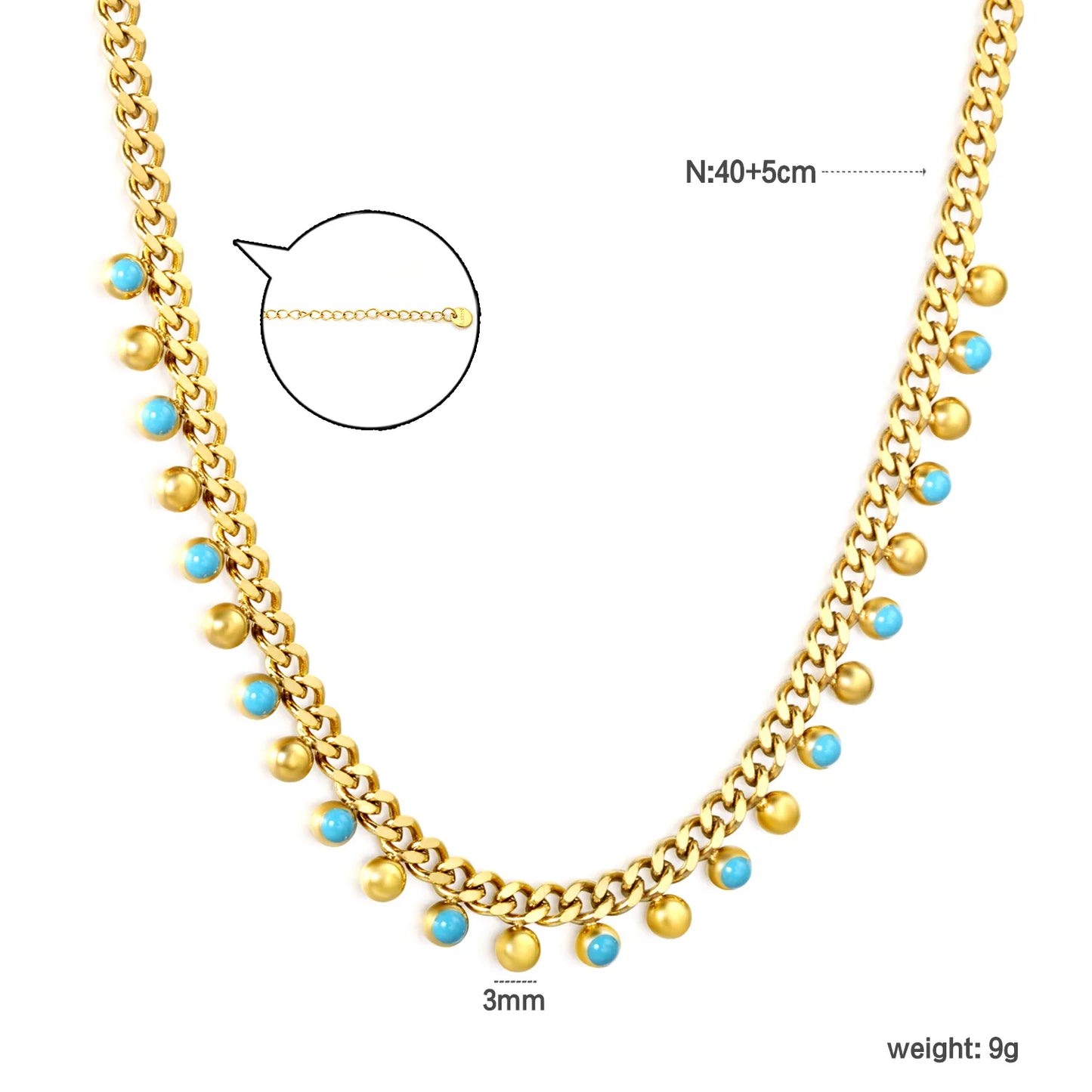 Wholesale Waterproof PVD Gold Sculpted Blue Bead Cuban Link Necklace