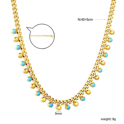 Wholesale Waterproof PVD Gold Sculpted Blue Bead Cuban Link Necklace