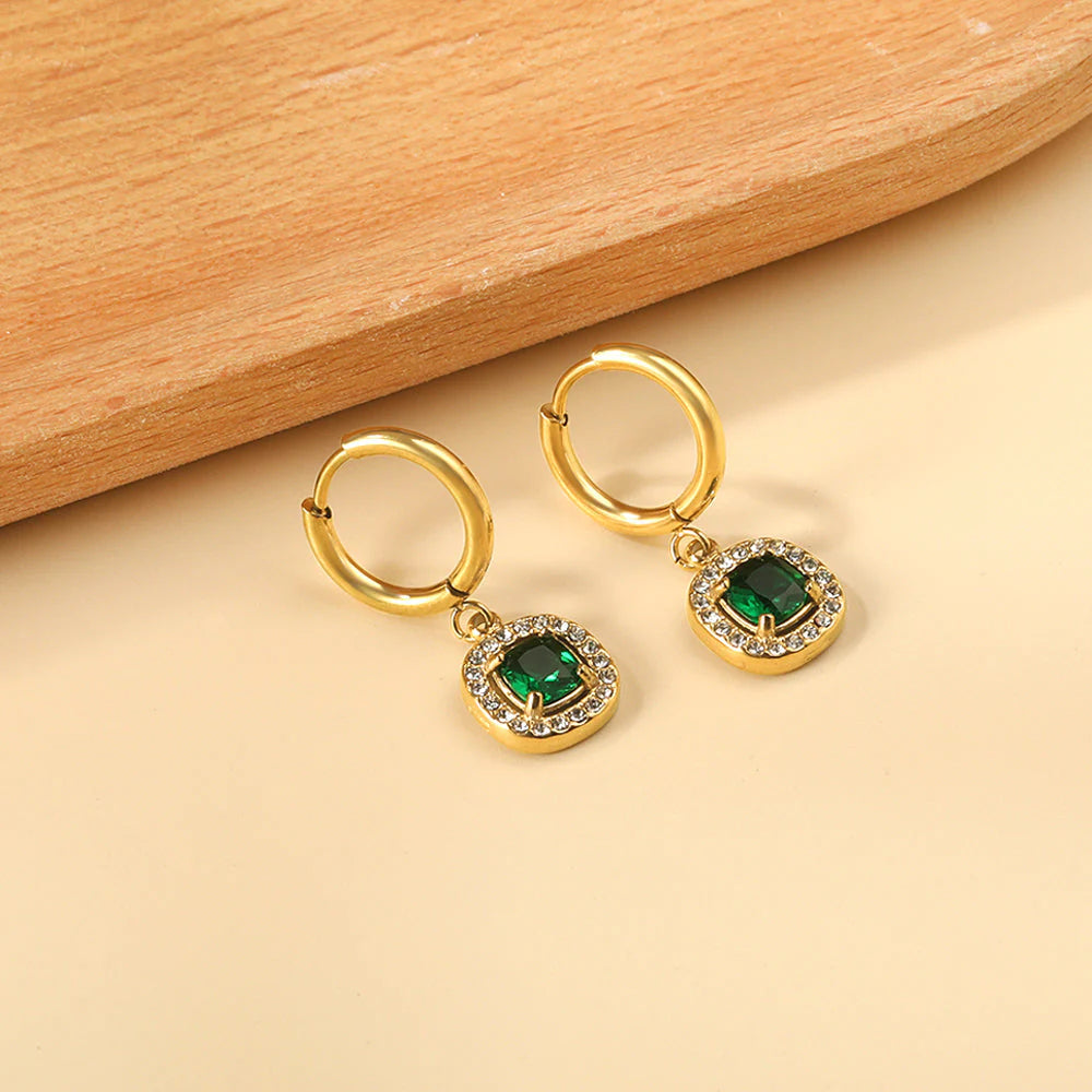 Stainless Steel Earrings | Emerald Cut Green Zircon Hoop
