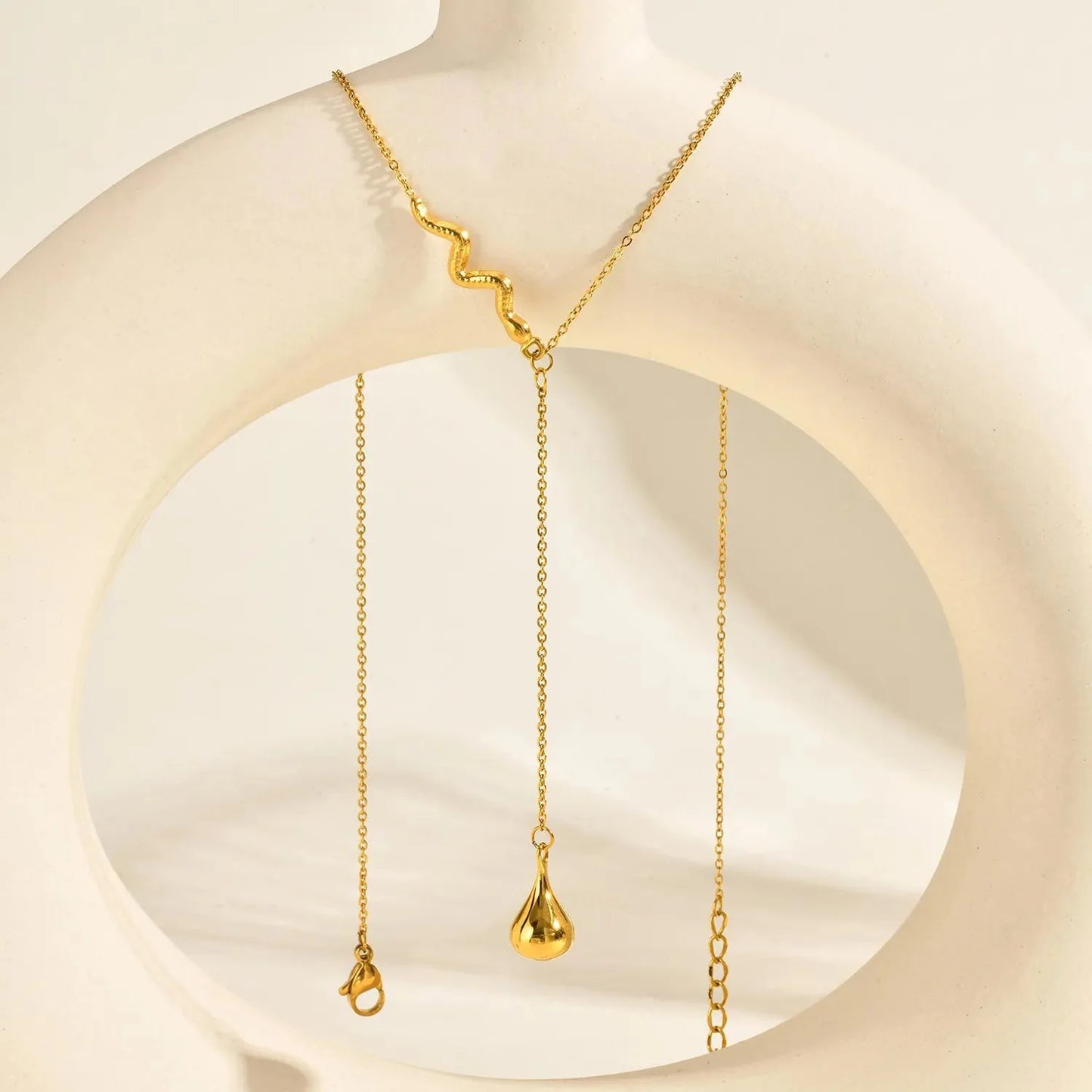 Wholesale Waterproof PVD Gold Sculpted Snake & Drop Y-Necklace