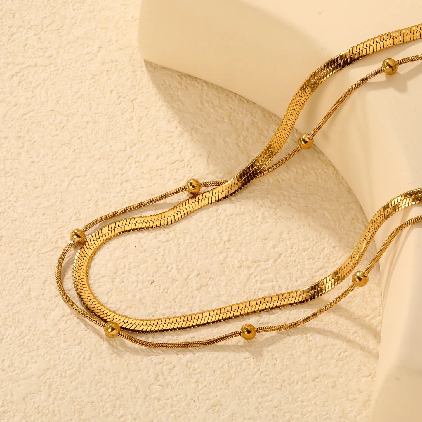 Bulk PVD Gold Sculpted Double Layer Bead & Snake Chain Necklace