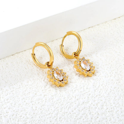 Bulk Stainless Steel Sunflower Earrings | Oval Zircon Halo Hoops
