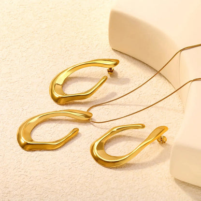 Minimalist Statement Jewelry Set 304L Steel Gold Irregular Teardrop Pendant & Earrings