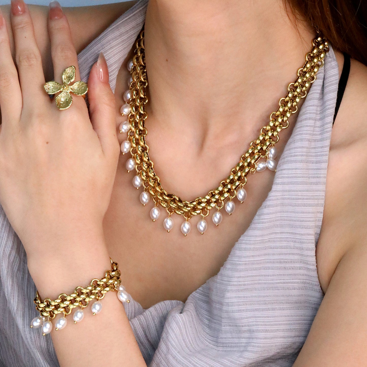 Bohemian Pearl Tassel Bracelet 304L Stainless Steel Gold Hypoallergenic