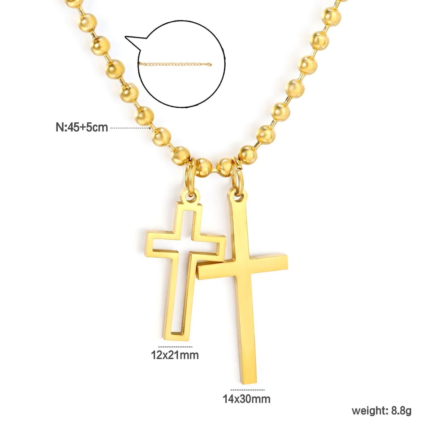 Bulk 45+5cm Double Cross Pendant Stainless Steel Necklace