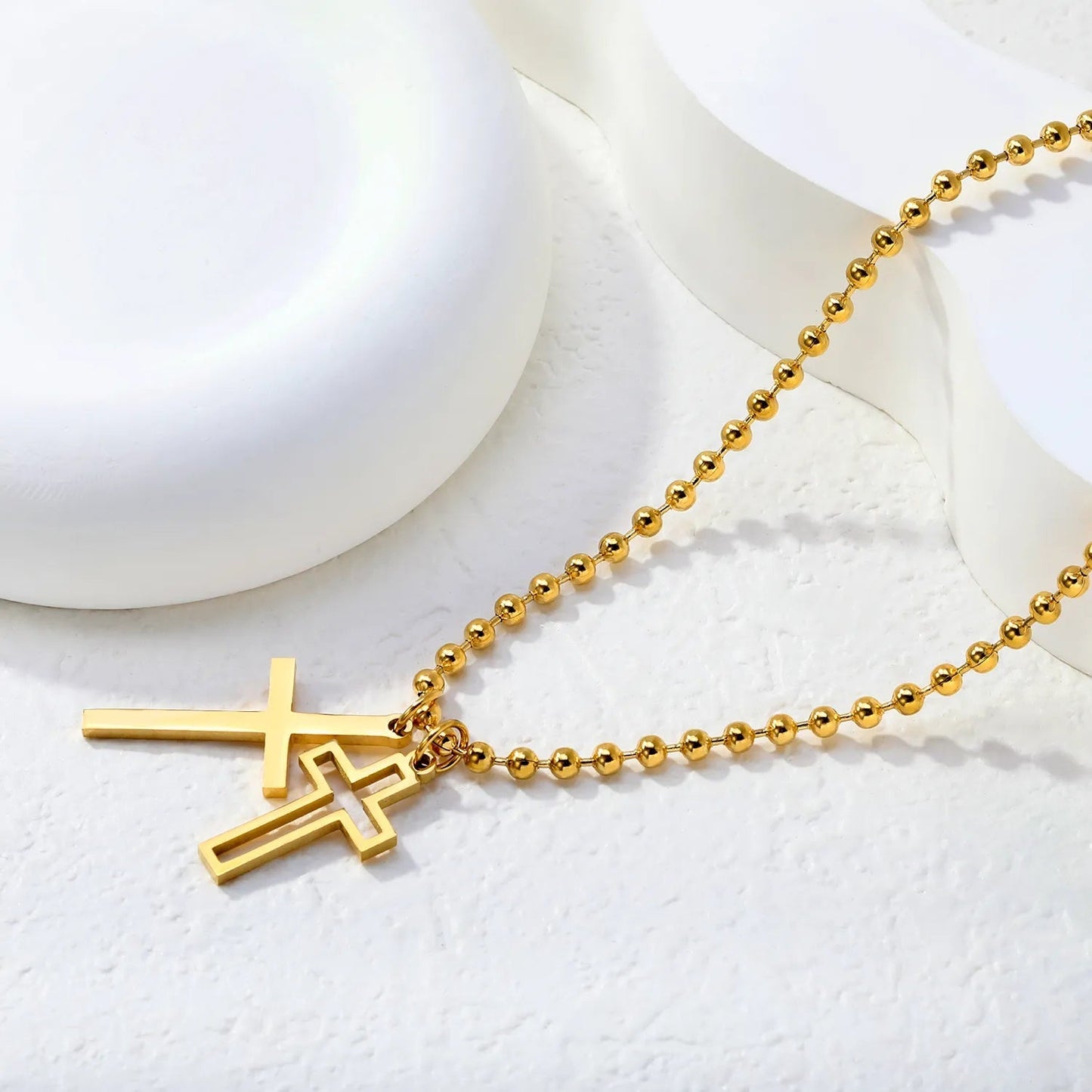 Bulk 45+5cm Double Cross Pendant Stainless Steel Necklace