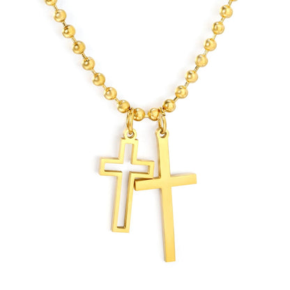 Bulk 45+5cm Double Cross Pendant Stainless Steel Necklace
