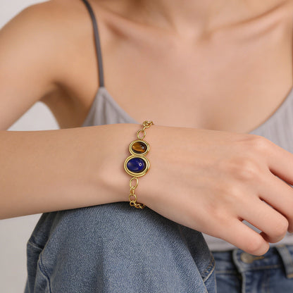 Bulk Natural Gemstone Bracelet 304L Steel Gold Plated 21x15mm Pendant 18+3cm