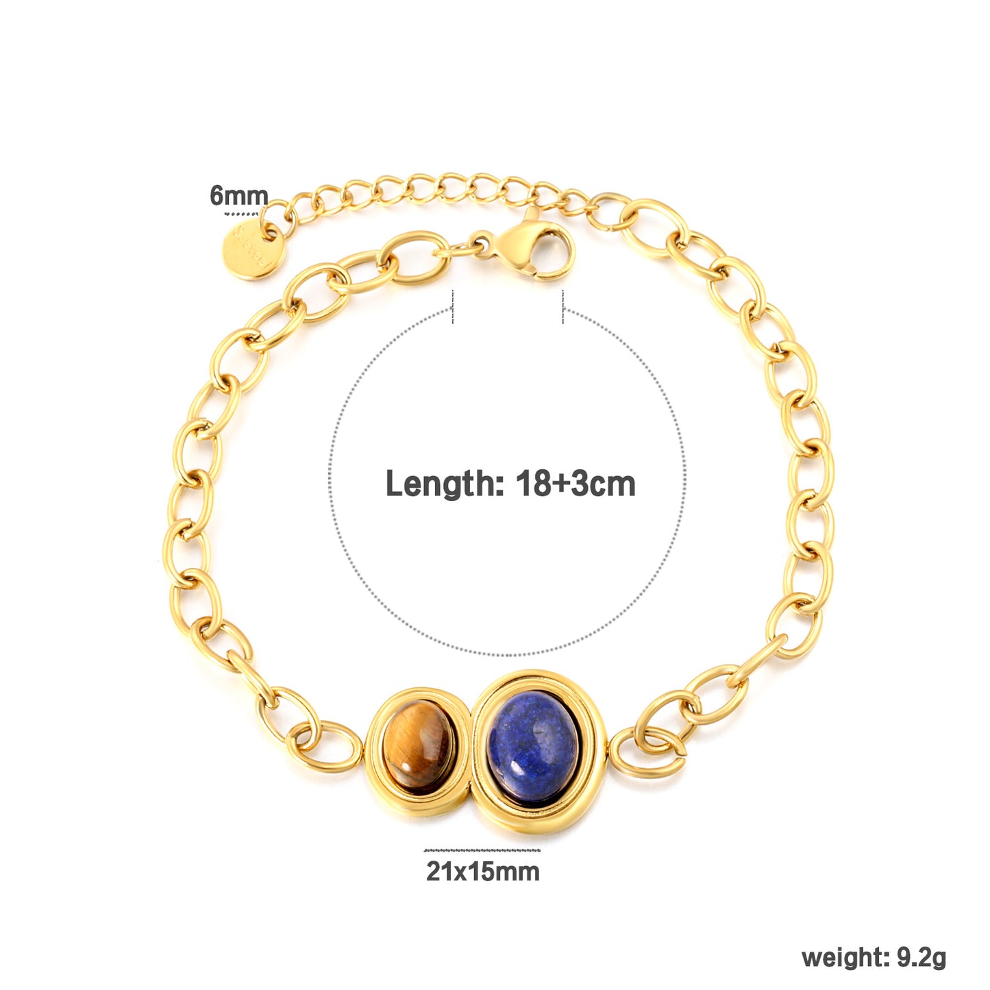 Bulk Natural Gemstone Bracelet 304L Steel Gold Plated 21x15mm Pendant 18+3cm