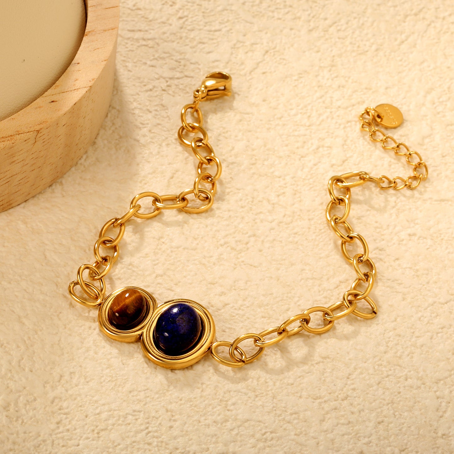 Bulk Natural Gemstone Bracelet 304L Steel Gold Plated 21x15mm Pendant 18+3cm