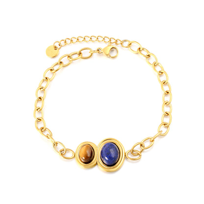 Bulk Natural Gemstone Bracelet 304L Steel Gold Plated 21x15mm Pendant 18+3cm