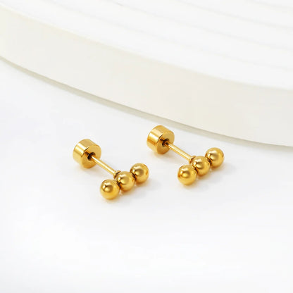 Bulk PVD gold-plated 6mm threaded flat-bottomed three-bead pierced earrings, 12 pairs