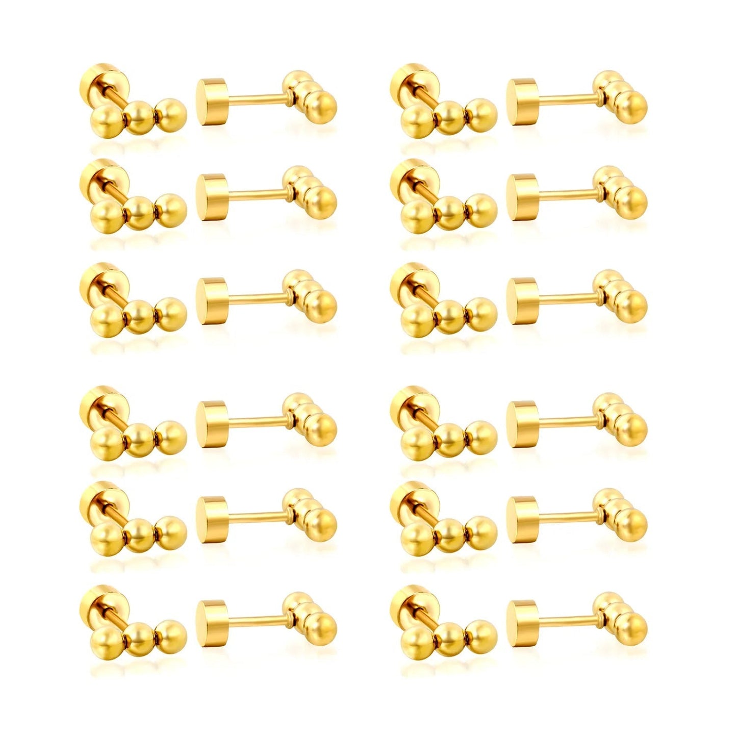 Bulk PVD gold-plated 6mm threaded flat-bottomed three-bead pierced earrings, 12 pairs