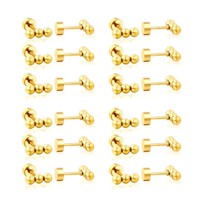 Bulk PVD gold-plated 6mm threaded flat-bottomed three-bead pierced earrings, 12 pairs