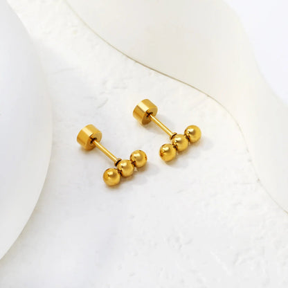 Bulk PVD gold-plated 6mm threaded flat-bottomed three-bead pierced earrings, 12 pairs