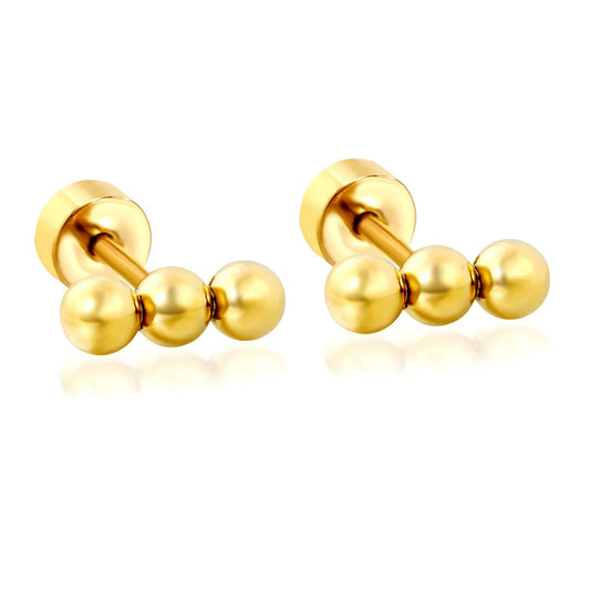 Bulk PVD gold-plated 6mm threaded flat-bottomed three-bead pierced earrings, 12 pairs