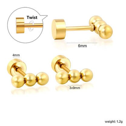 Bulk PVD gold-plated 6mm threaded flat-bottomed three-bead pierced earrings, 12 pairs