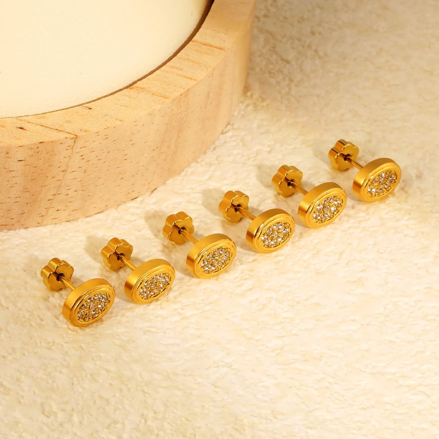 3 Pairs Bulk PVD Gold 8.5x6.8mm Oval Pave Threaded Flat Back Earrings
