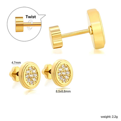 3 Pairs Bulk PVD Gold 8.5x6.8mm Oval Pave Threaded Flat Back Earrings