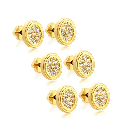 3 Pairs Bulk PVD Gold 8.5x6.8mm Oval Pave Threaded Flat Back Earrings