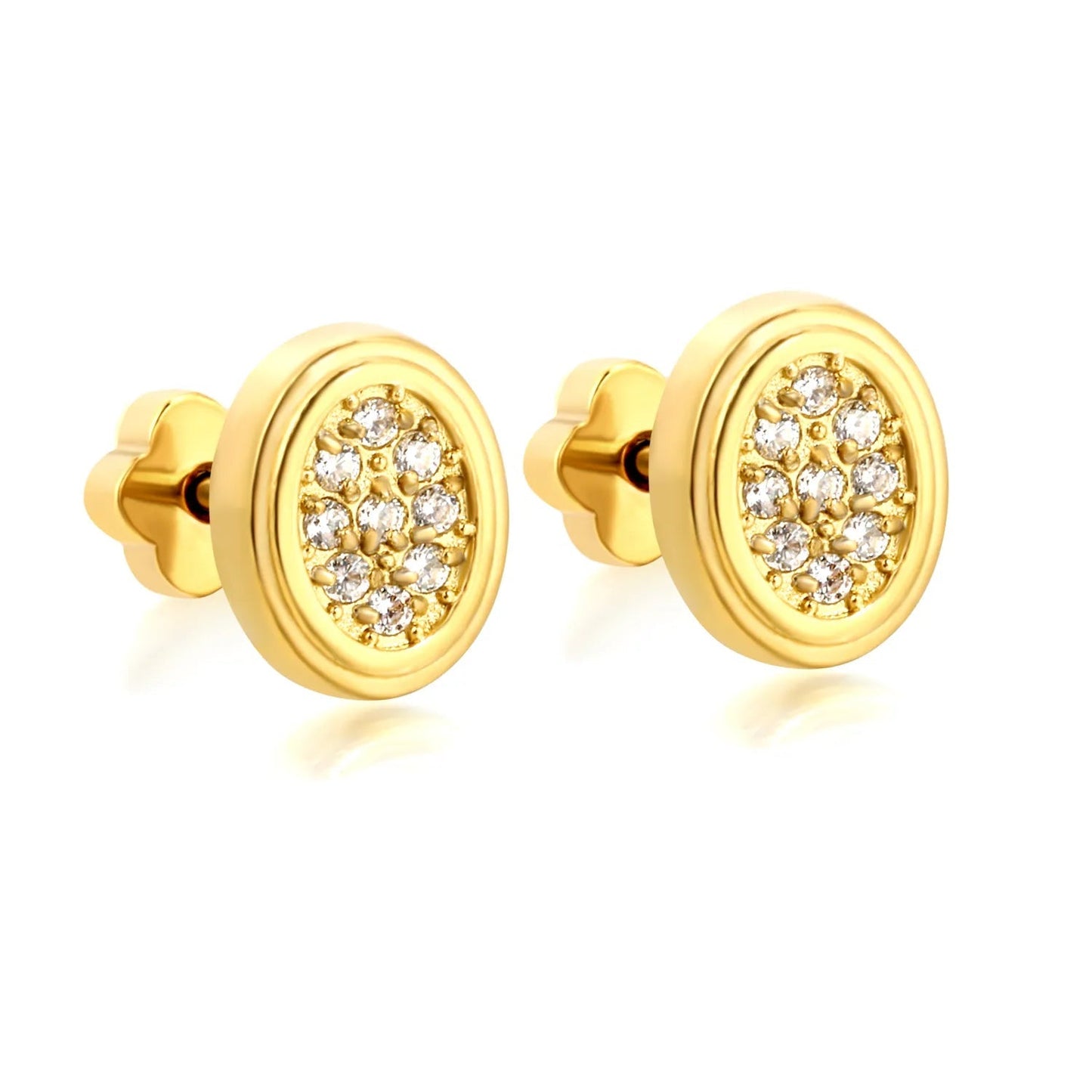 3 Pairs Bulk PVD Gold 8.5x6.8mm Oval Pave Threaded Flat Back Earrings