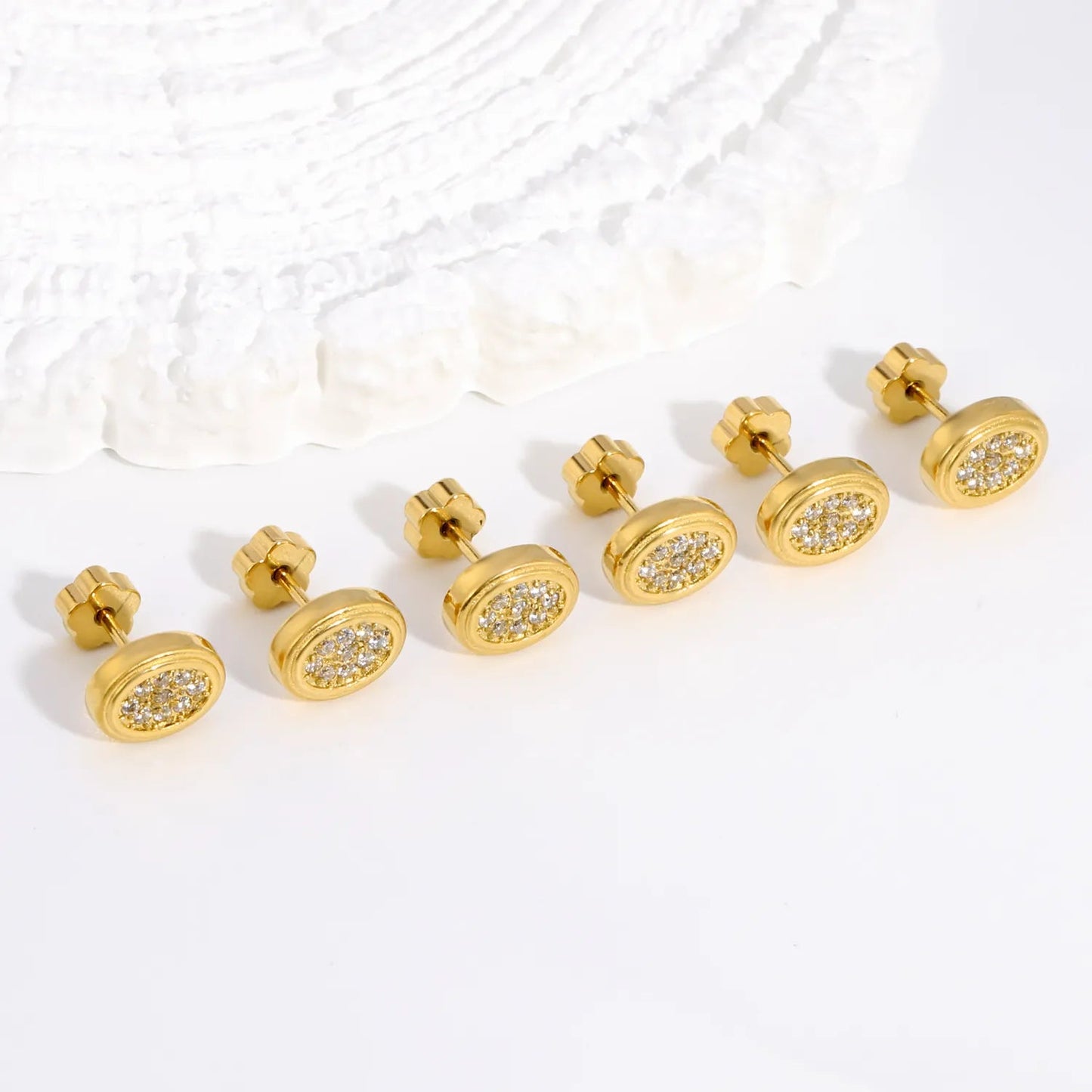 3 Pairs Bulk PVD Gold 8.5x6.8mm Oval Pave Threaded Flat Back Earrings