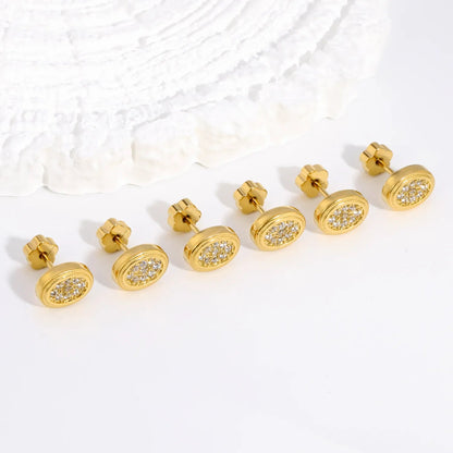 3 Pairs Bulk PVD Gold 8.5x6.8mm Oval Pave Threaded Flat Back Earrings