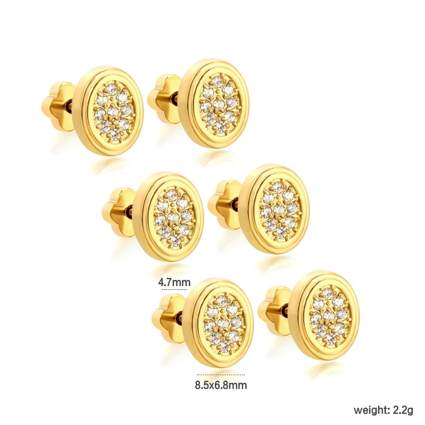 3 Pairs Bulk PVD Gold 8.5x6.8mm Oval Pave Threaded Flat Back Earrings