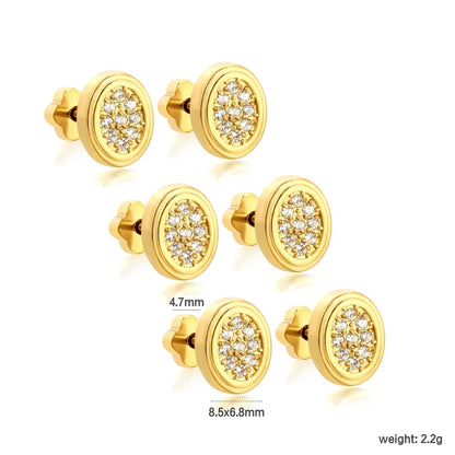 3 Pairs Bulk PVD Gold 8.5x6.8mm Oval Pave Threaded Flat Back Earrings