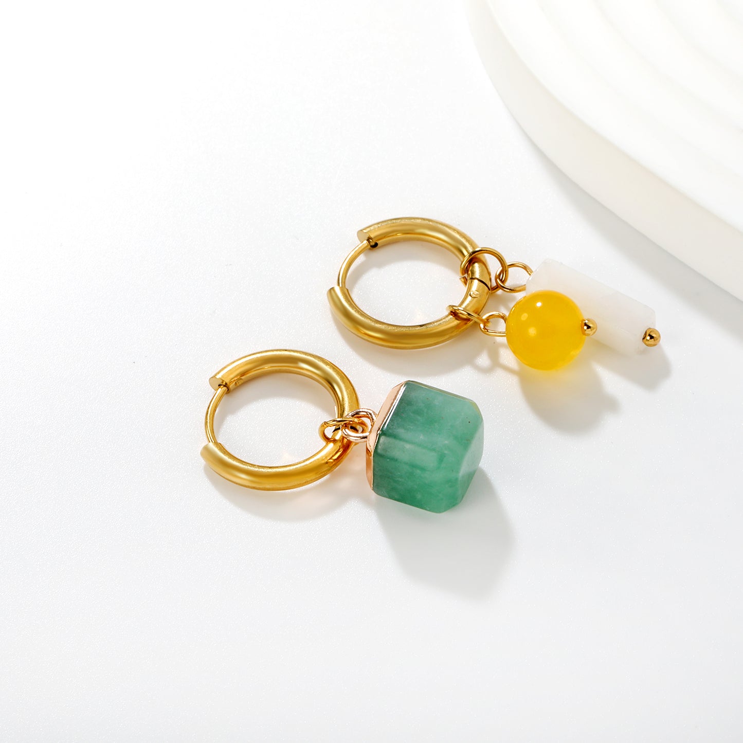 Bulk PVD Gold Asymmetric Natural Stone Charm Hoop Earrings
