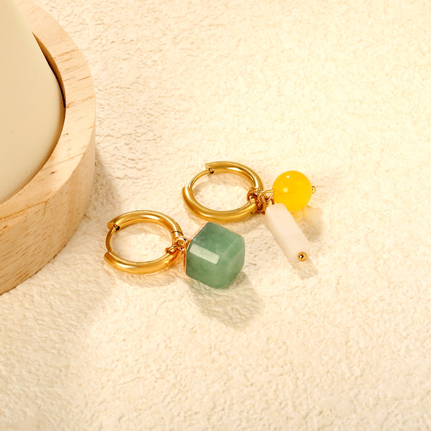 Bulk PVD Gold Asymmetric Natural Stone Charm Hoop Earrings