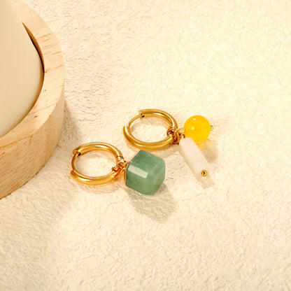 Bulk PVD Gold Asymmetric Natural Stone Charm Hoop Earrings