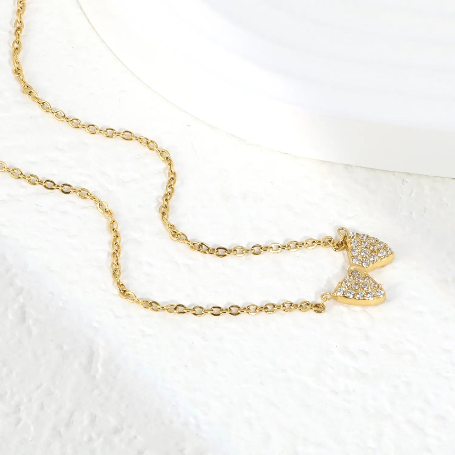 Bulk PVD Gold Stainless Steel 11x7mm Zircon Bow Necklace
